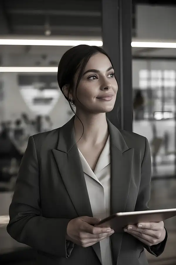 Geschäftsfrau in stilvoller Kleidung, hält ein Tablet, Blick nach vorne, Büro-Hintergrund, positive und lösungsorientierte Stimmung
